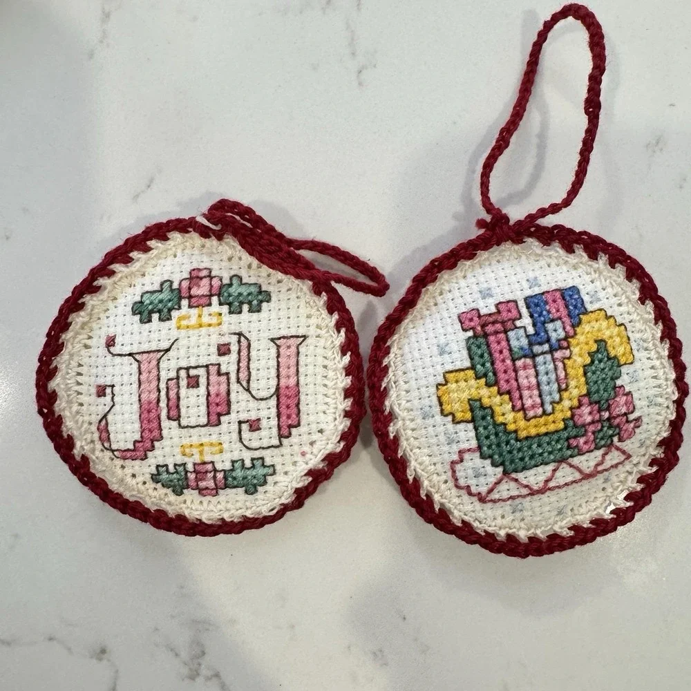 Vintage Cross-Stitch Christmas Ornaments Cottage Core Round Lot 90s Handmade